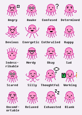 Pink Jellyfish Moods Twenty different moods for pink pixel jellyfish