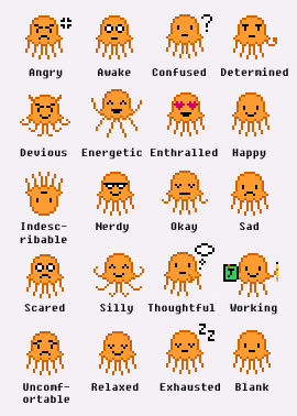 Orange Jellyfish Moods Twenty different moods for orange pixel jellyfish