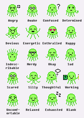 Green Jellyfish Moods Twenty different moods for green pixel jellyfish