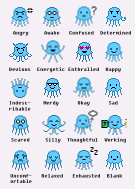 Blue Jellyfish Moods Twenty different moods for blue pixel jellyfish