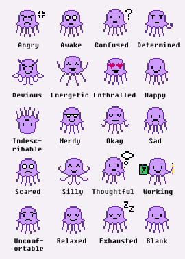 Purple Jellyfish Moods Twenty different moods for purple pixel jellyfish