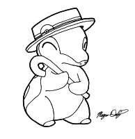 Lineart of Cyndaquil with a straw hat and cane