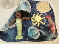 A closer look at the crocheted sea life, etc