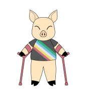 An anthropomorphic pig using forearm crutches