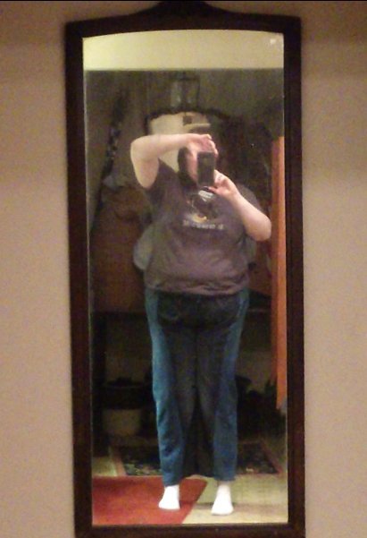 Fusion Pants 4 A chubby white genderflux woman models a pair of bicolored jeans