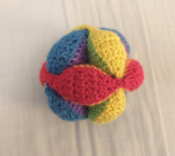 Crocheted Amsh Puzzle Ball 2 A different angle of the crocheted Amish puzzle ball